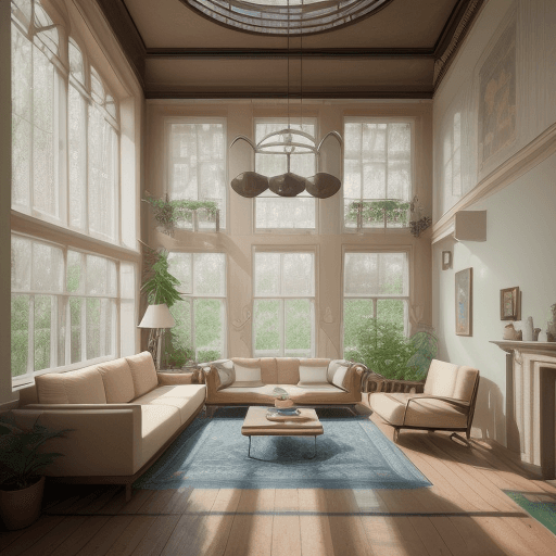 AI generated: High resolution photography interior design, dreamy sunken living room conversation pit, wooden floo...