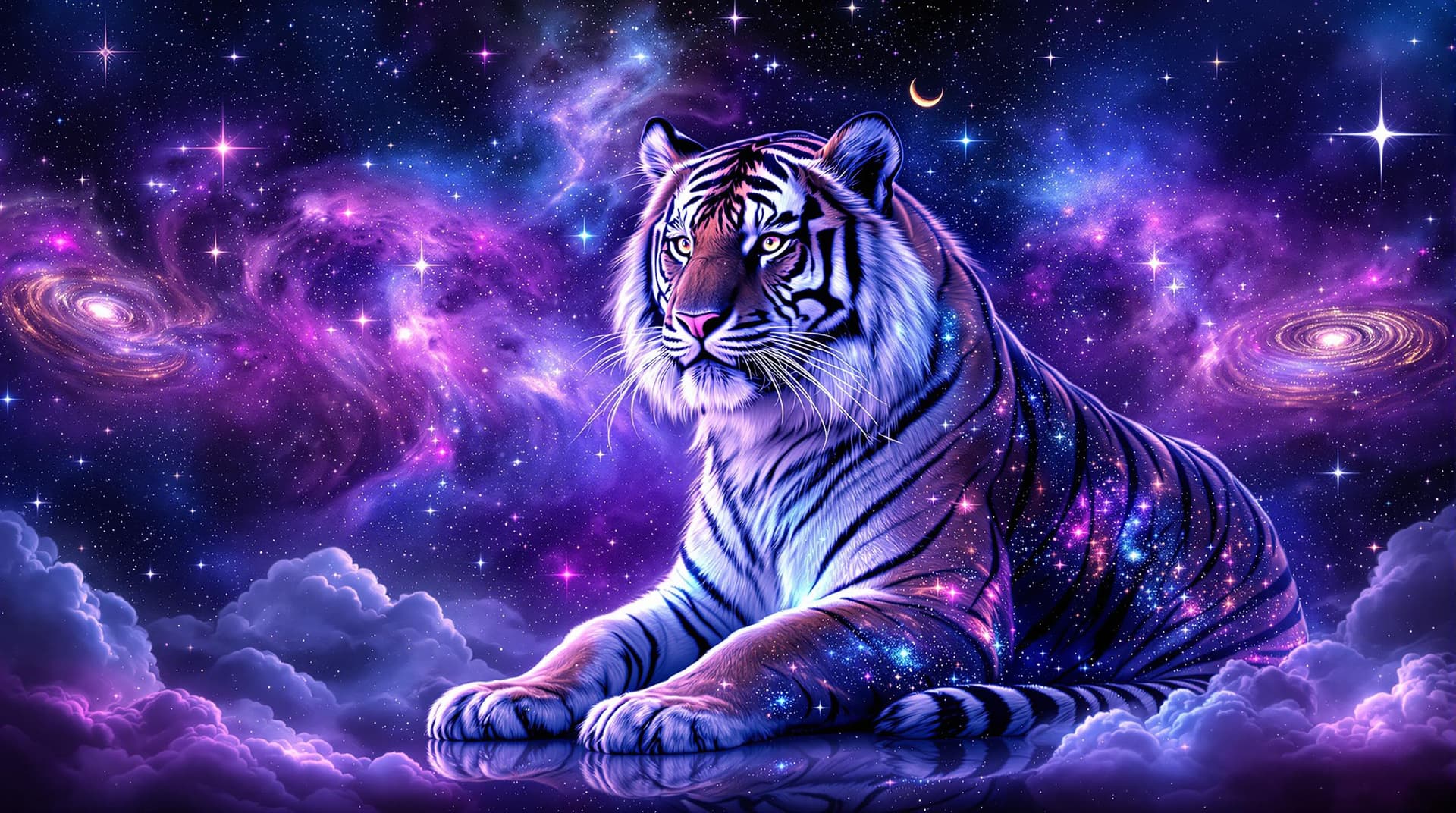 AI generated: "A majestic cosmic tiger sitting under a vibrant night sky filled with swirling galaxies and nebulae...