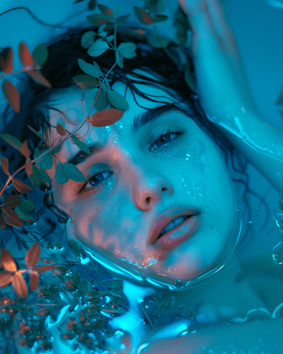 AI generated: a photograph of an woman laying in water, covered with leaves and vines, her hand is holding one lea...