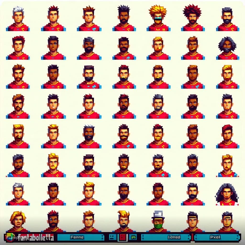 AI generated: Create 100 unique 8-bit pixel art avatar characters for “Fantabolletta”, a fantasy football predicti...
