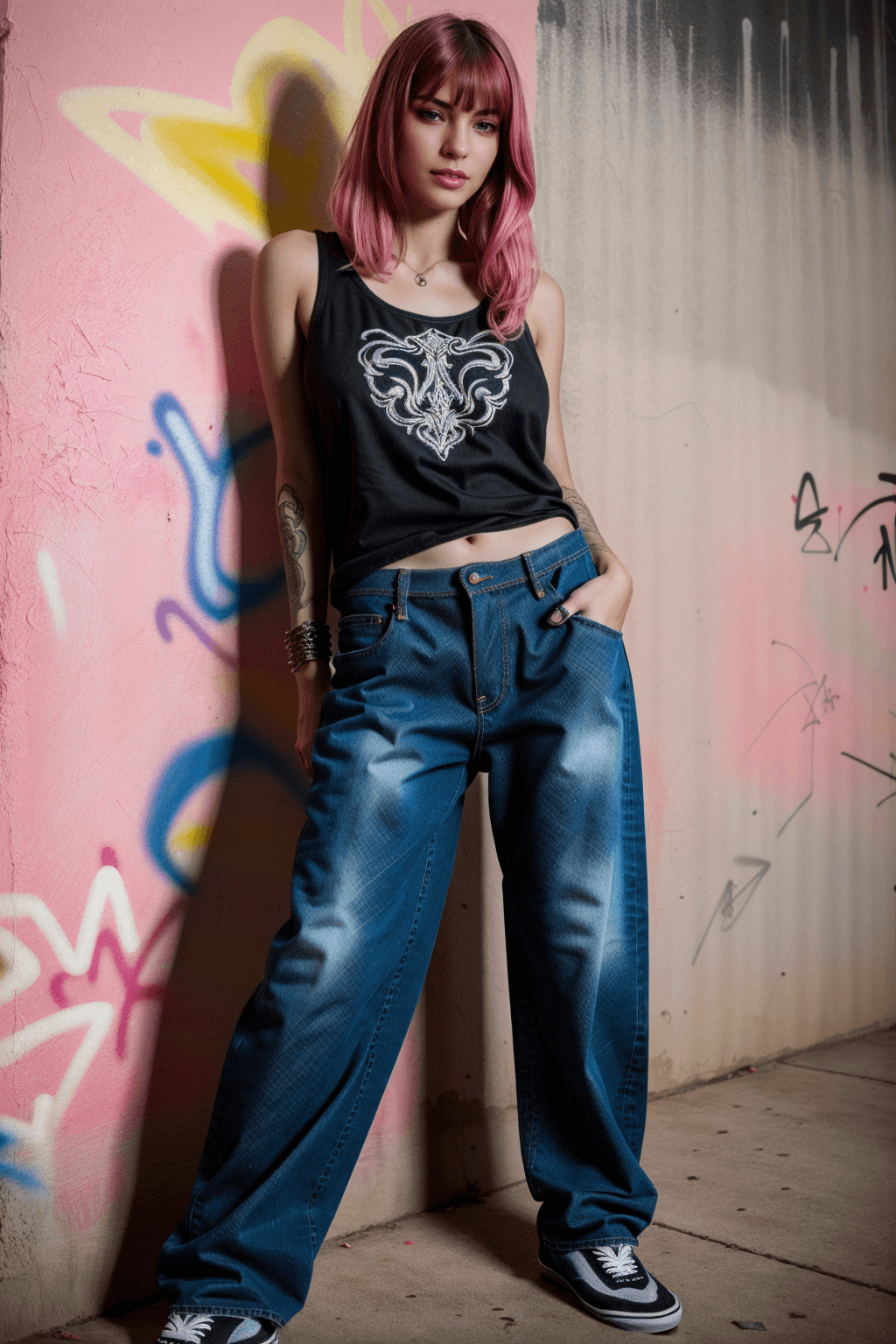 AI generated: Gothic style a beautiful skater girl,Neon pink hair Curtain bangs, (oversized baggy jeans:1.2), sexy...