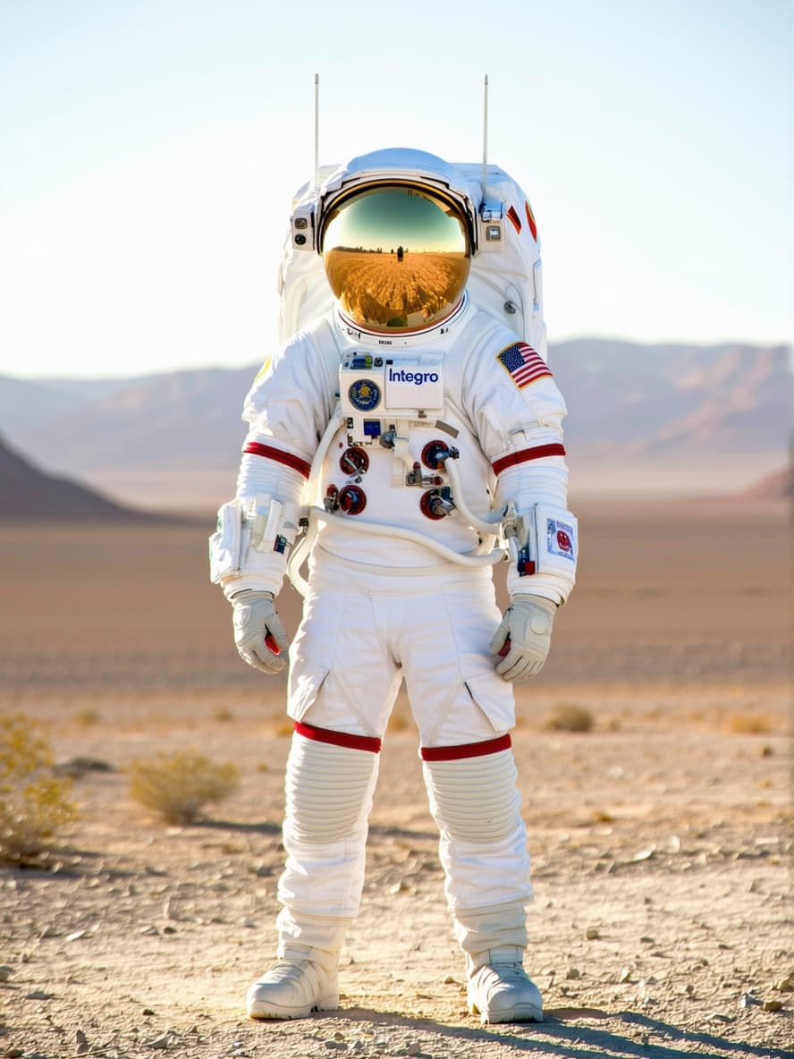 AI generated: An astronaut standing in the middle of a desert with a ‘helmet with antenna’. Be sure the face shiel...