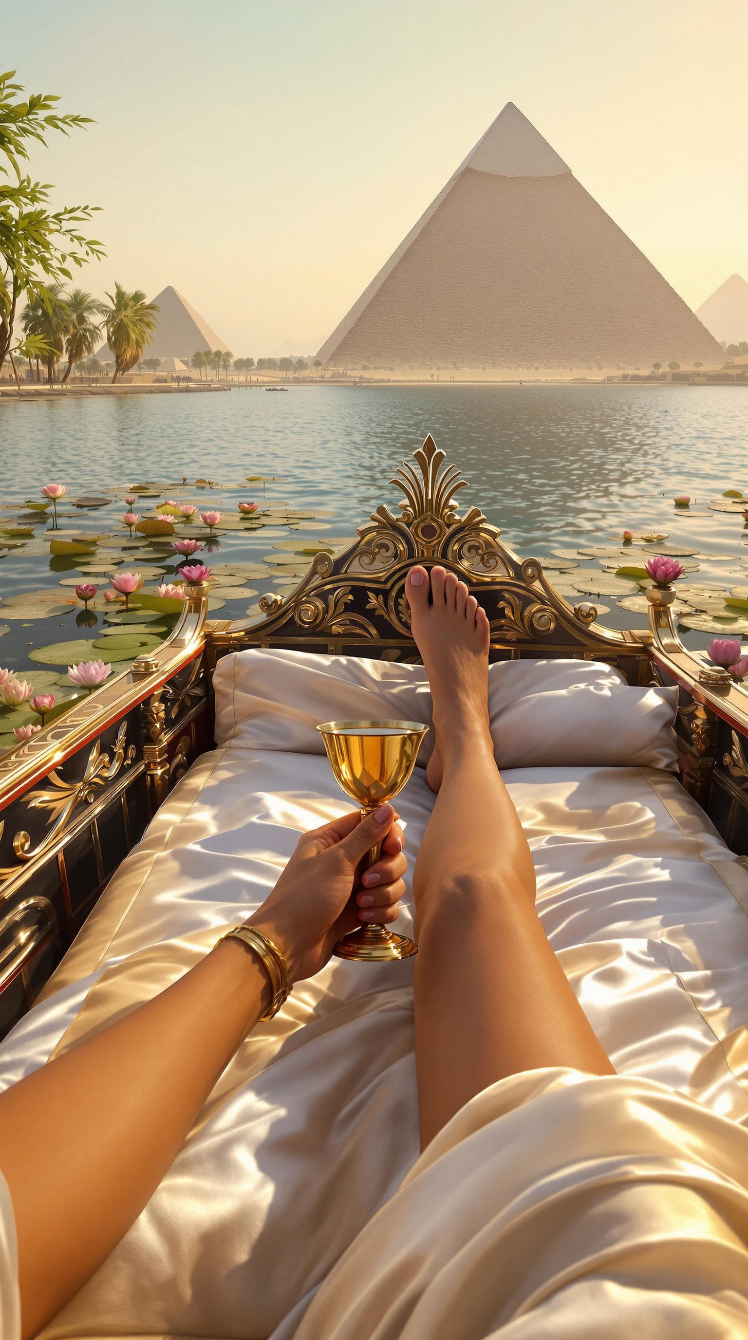 AI generated: A hyper-realistic first-person perspective of Cleopatra VII reclining on a silk-covered chaise aboar...
