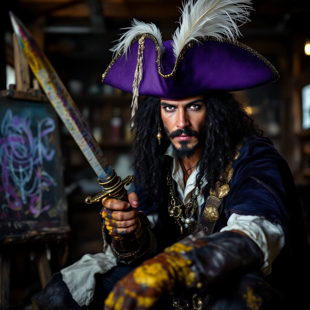 AI generated: Close-up professional cinematic photo of a Spanish pirate with black curly hair in a purple hat with...