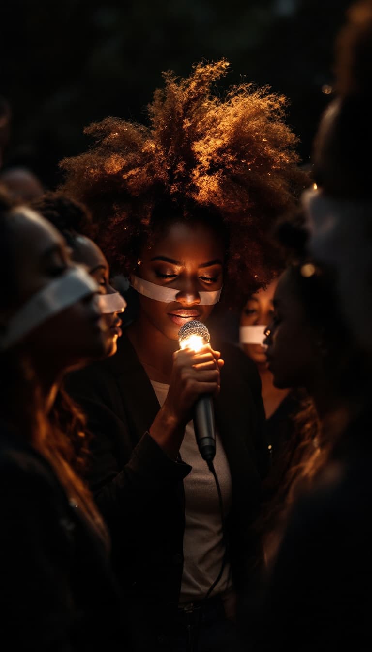 AI generated: A diverse group of beautiful looked people standing in silence with tape over their mouths, one pers...