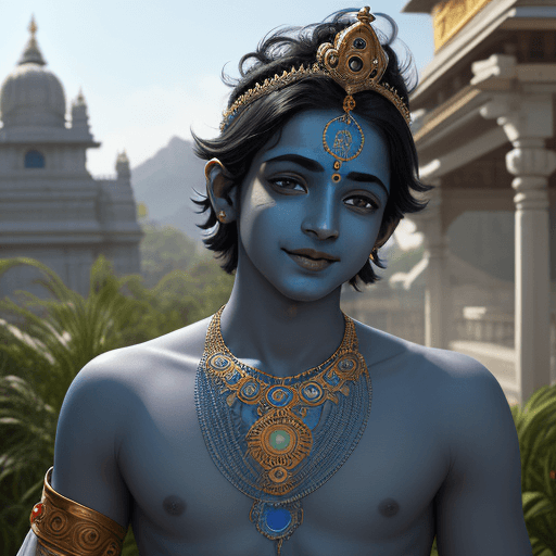 AI generated: Ultra realistic photo, young Krishna with blue skin, wearing vaishnava tilak and a small crown with ...