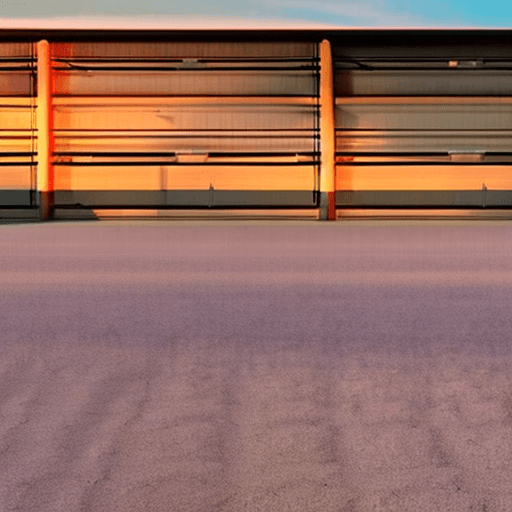 AI generated:  show in cinematic quality, a large empty garage in the open sky, which extends to the horizon where...