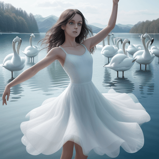 AI generated: PIMAGE IMAGE OF A DARK GIRL, WITH GREEN EYES, with loose hair dancing ballet on a crystal blue lake,...