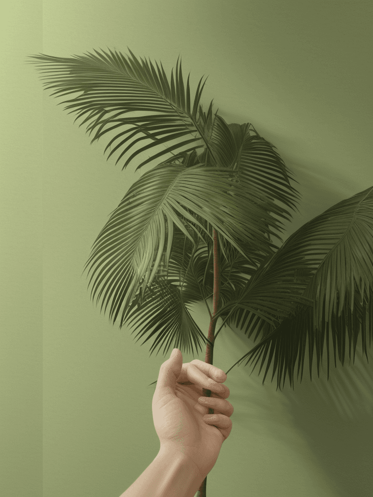 AI generated: a realistic single palm in front of the artwork (in the middle) on a smooth green lofi background, h...