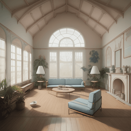 AI generated: High resolution photography interior design, dreamy sunken living room conversation pit, wooden floo...