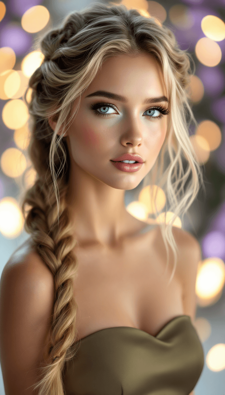 AI generated: A stunning young woman with flawless porcelain skin and long, golden-blonde hair styled in a thick, ...