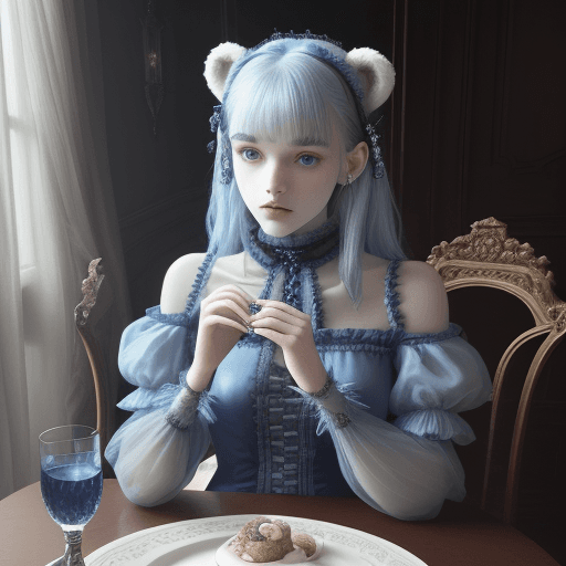 AI generated: a Bear sitting at a table , by Valerie Petts, tumblr, intricate fantasy dress, blueish tones, offici...