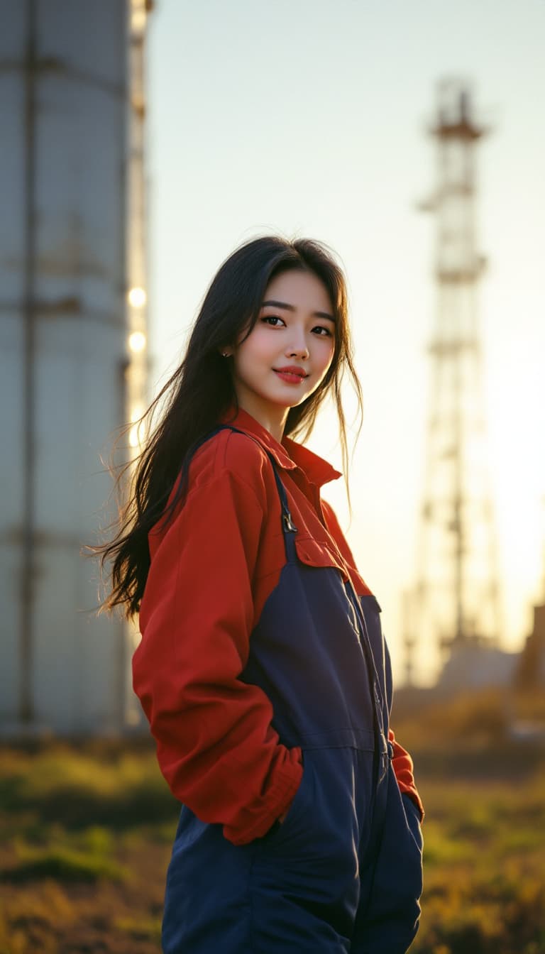 AI generated: A korean woman with black long hair, sun-kissed skin, and a worn a red blue safety coverall for oil ...