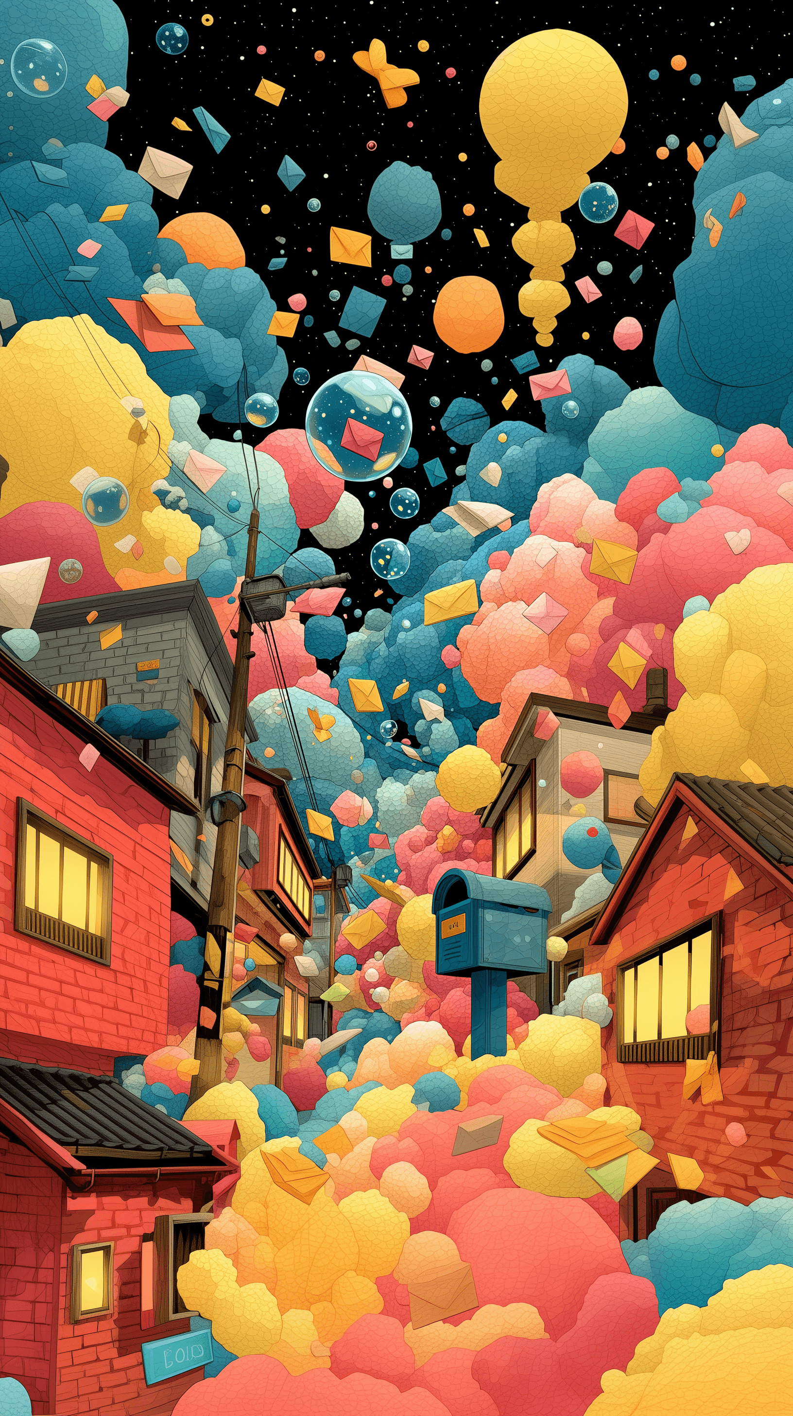 AI generated: vibrant pop illustration, dreamlike scene of a floating mailbox overflowing with ethereal letters ma...