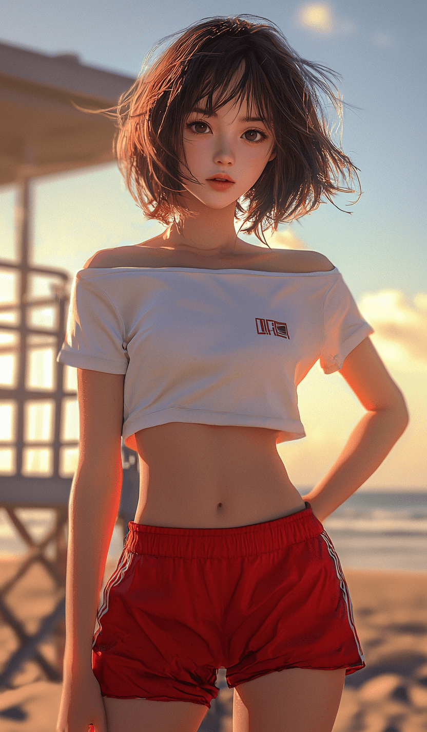 AI generated: A full-body action shot of a girl in a dynamic pose, dressed as a lifeguard wearing a plain white sh...