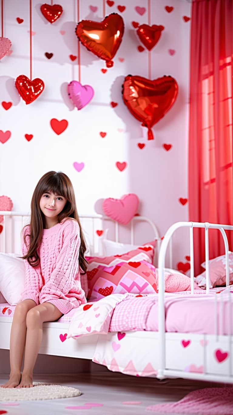 AI generated: Cute 12-year-old girl posing in bedroom Valentines Day theme facing camera