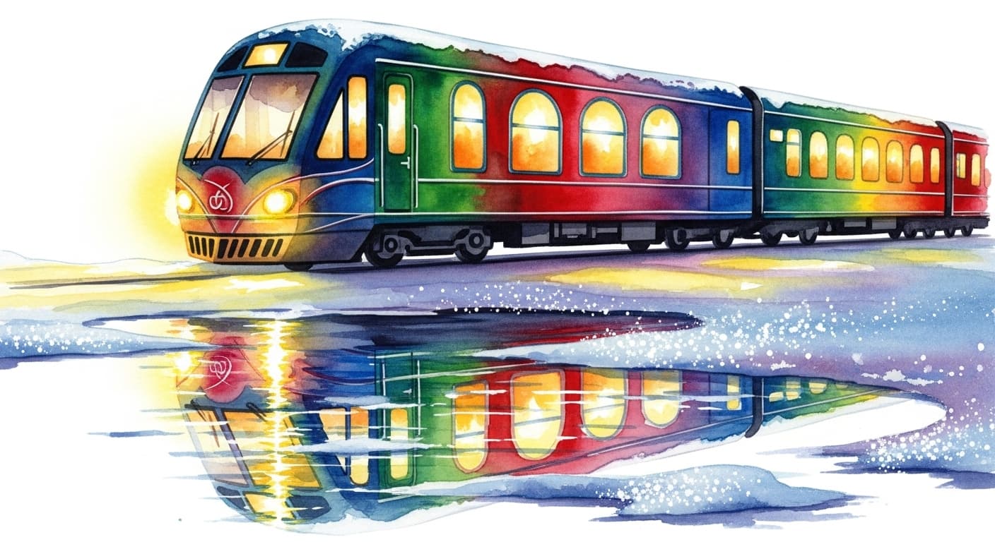 AI generated: A watercolor painting of a distinctive colorful train on a sparkling snowy day with bright lights re...