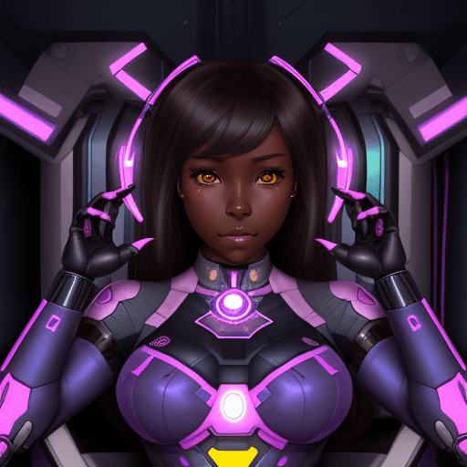 AI generated: female, dark skin, hypnosis, D.va, robot, hooked up to a machine