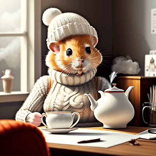 AI generated: ginger and white furred hamster wearing a knitted hat and jumper. hamster holding a steaming cup of ...