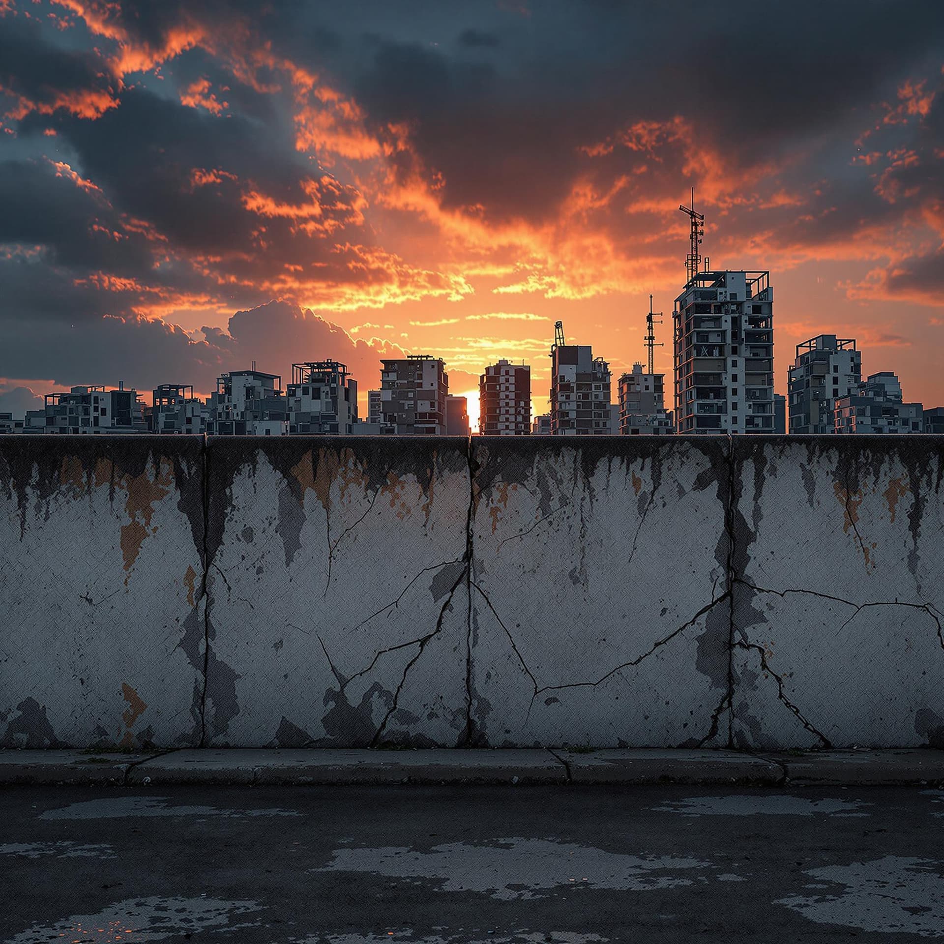 AI generated: urban area wall with cracks and discoloration running across the image about 8 ft high and behind it...
