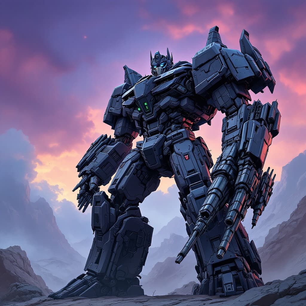 AI generated: Megatron from transfrormers, grey and black, massive cannon on right arm standing arms by sides. com...