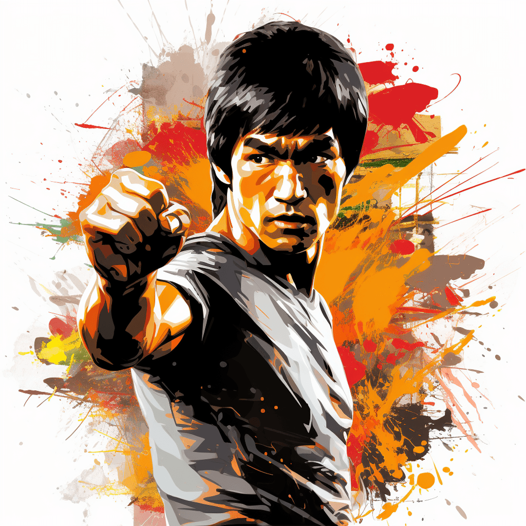 AI generated: Bruce Lee in a dynamic martial arts pose, Street art style, Energetic and Powerful mood, Graffiti sp...