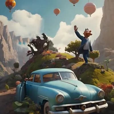 AI generated video: los globos suben y la nave va hacia arriba, el coche corre hacia adelante , el hombre saluda 