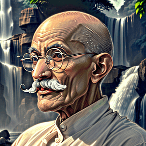 AI generated: Mahatma Gandhi Stunning visual photograph of an older, bald man wearing round clear glasses, which d...