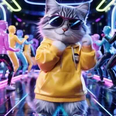 AI generated video:  Cute kitten Dance, Hip hop, disco lights 