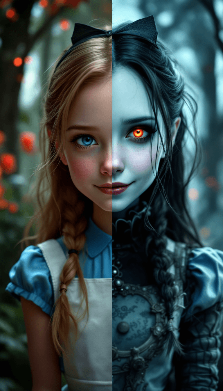 AI generated: Create a double color exposure effect with two contrasting sides: on the left, Alice from 'Alice in ...