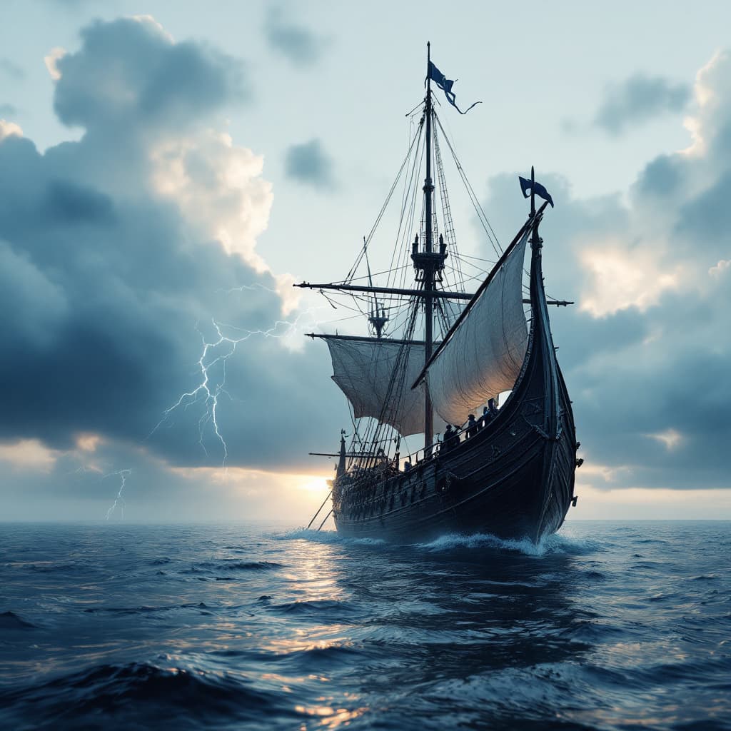 AI generated: Photo of a ultra realistic Viking ship, dramatic light, lighting storm, pale sunrise, cinematic ligh...