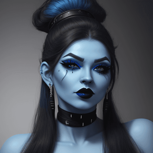 AI generated: A woman with blue skin wearing black lipstick and heavy eyeliner
