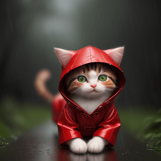 AI generated: tiny cute (happy1.4) cat in a (red raincoat1.3) in the woods, rain, a character portrait, Tilt-shift...