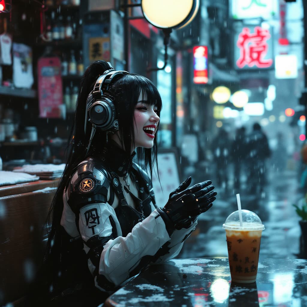 AI generated: Cyberpunk, fantasy, horror. Realistic, high detail. Inside japanese dingy bubble tea shop. Seated at...