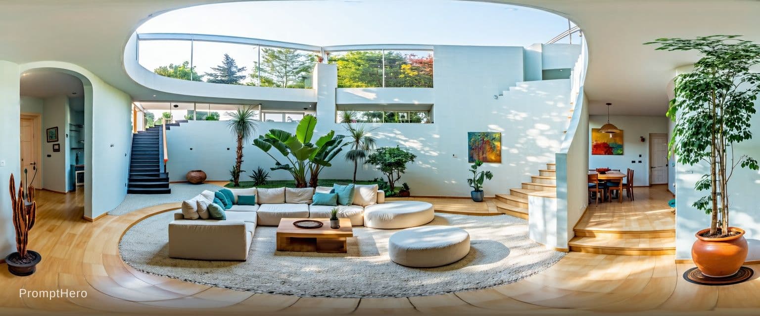 AI generated: high resolution photography interior design, dreamy sunken living room conversation pit, wooden floo...