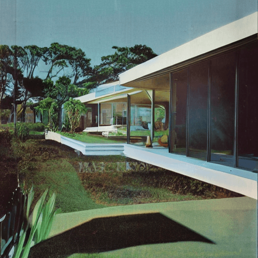 AI generated: hyper realistic eye level exterior photo of a mid century modern style house overlooking the ocean, ...