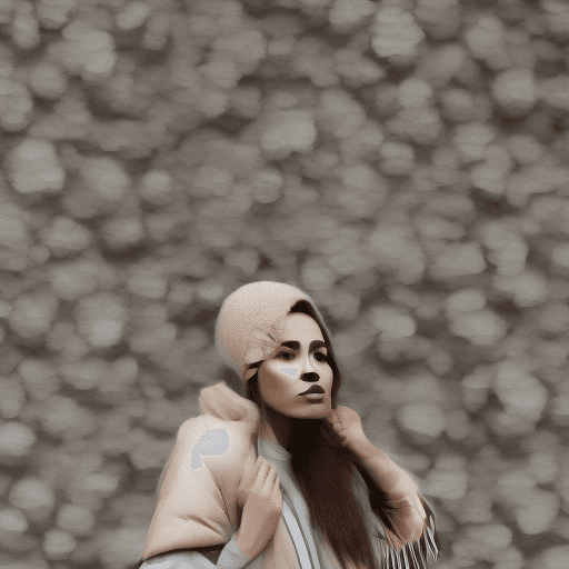 AI generated: The woman in the photo is standing against a beige background, a Tumblr personality. Her outfit cons...