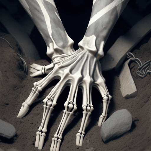 AI generated: single skeleton wrist & palm coming out of the grave, which is straight coming out in upward directi...
