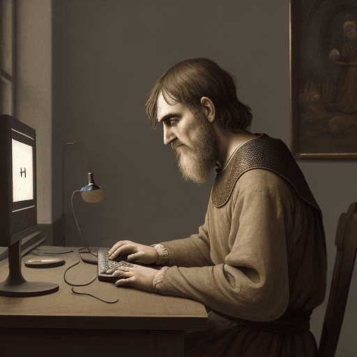 AI generated: early medieval style painting, computer programmer working with a computer, looking unhappy, viewed ...