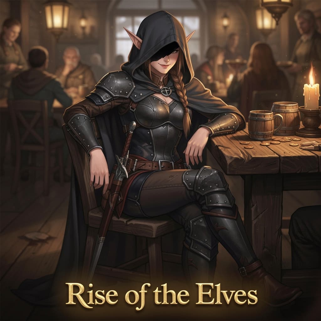 AI generated: female elf rogue with soft features. Brown hair in a single braid. Full body. Hooded cloak shadowing...