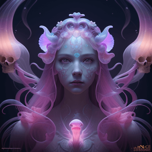 AI generated: Goddess close-up portrait ribcagel. jellyfish phoenix head, nautilus, orchid, skull, betta fish, bio...