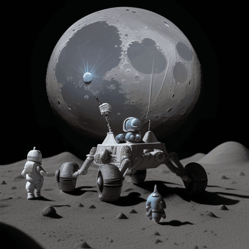 AI generated: A moon-exploration fantasy with miniature astronauts & moon-buggy-toy & other moon-base toys arrange...