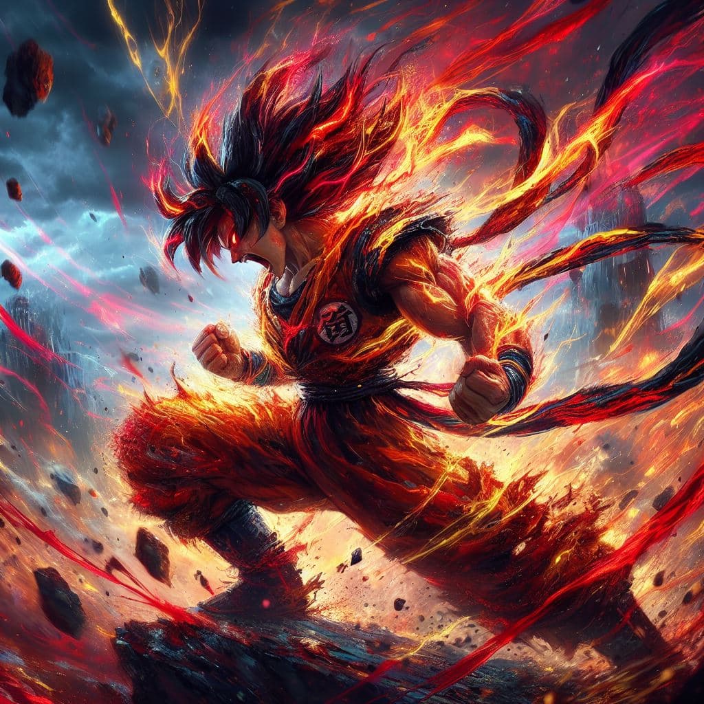 AI generated: "painterly style, Yamcha fighting at war, raging, black long hair, character design, body is adorned...