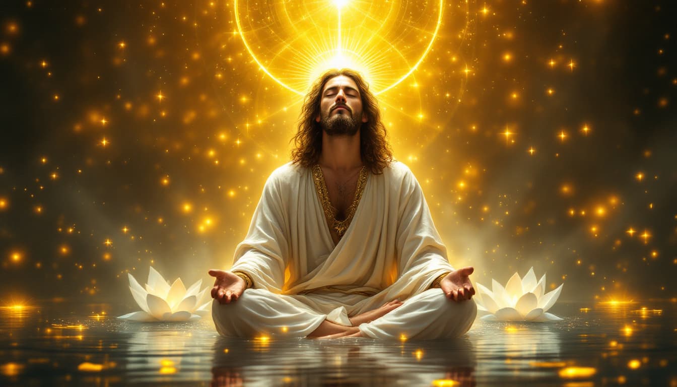 AI generated: Prompt

jesus surrounded by divine light in a medieval style fantasy world in water in lotus is with...