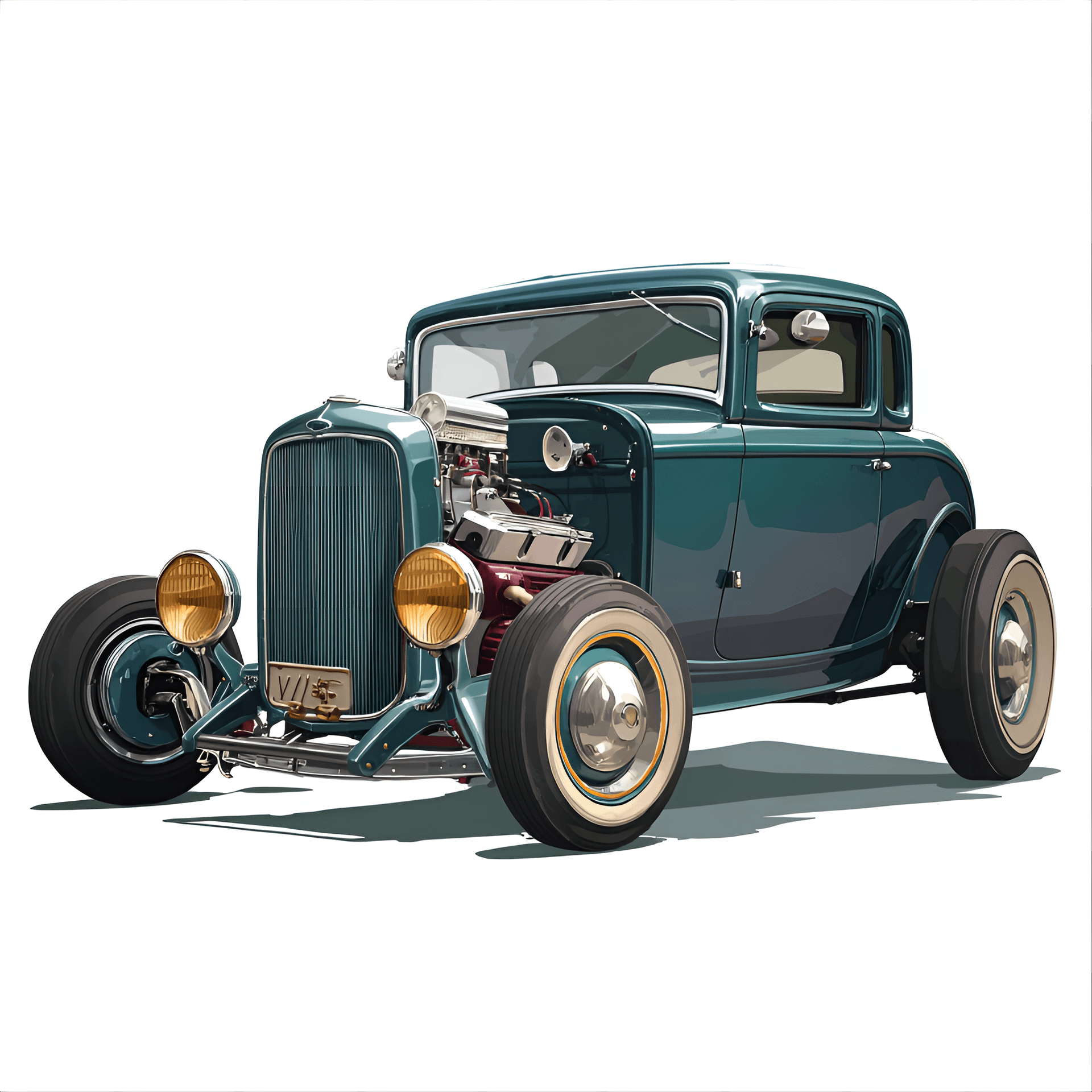 AI generated: retro 1932 Ford Model B coupe, meticulously illustrated in a vintage clipart style,
showcasing its ...