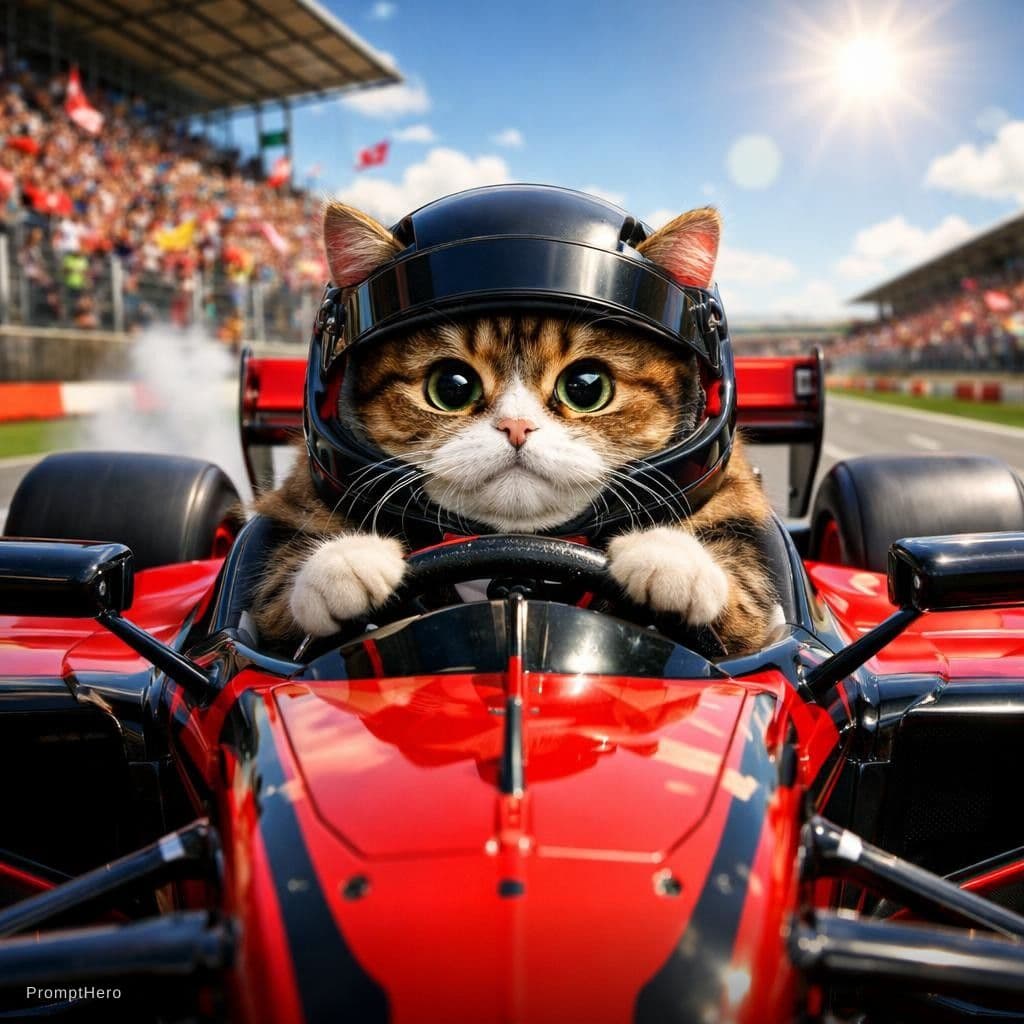 AI generated: Eine fette, fluffige Katze mit großen Augen sitzt konzentriert am Steuer eines glänzenden Formel-1-W...