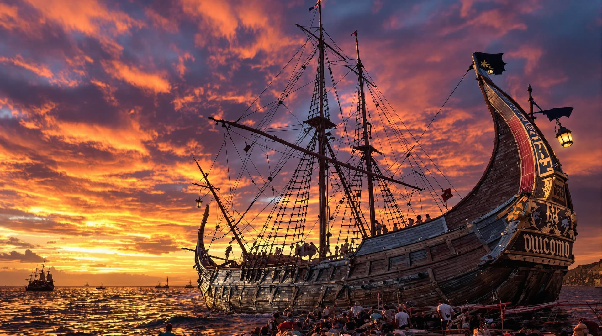 AI generated: Photo of authentic Viking ship in dramatic lighting, colorful sunrise, vivid skies, dynamic lighting...