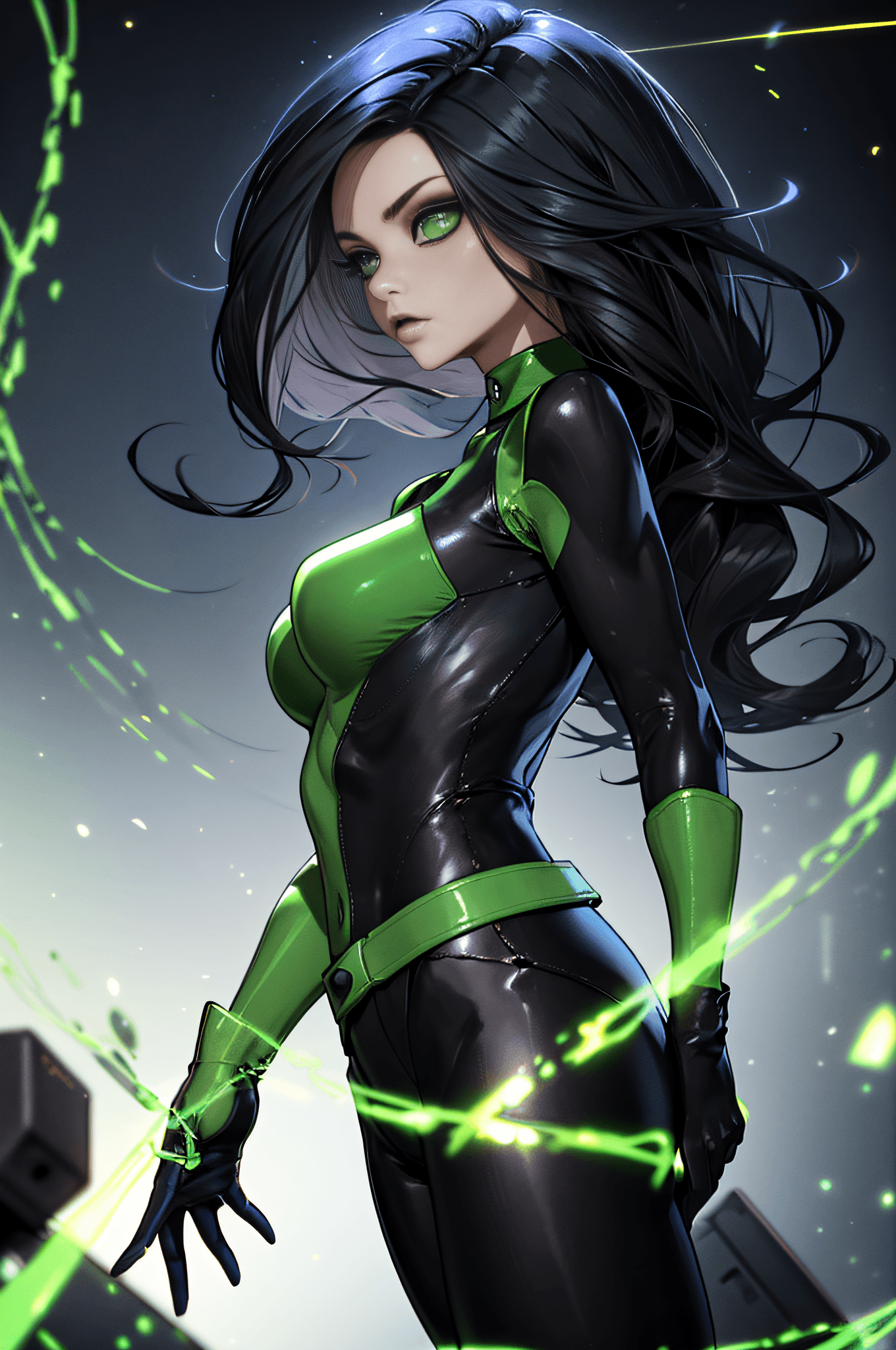 AI generated: masterpiece, best quality, highres, sh1, green eyes, gloves, multicolored bodysuit, makeup, from sid...