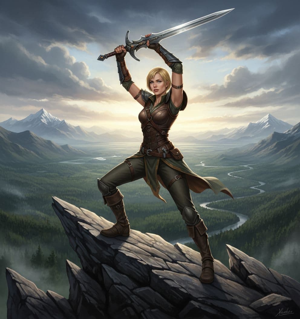 AI generated: holding sword overhead, standing on rock