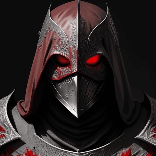 AI generated: closeup of knight from the Middle Ages, with face covered with dark under the dark-red hood, with da...
